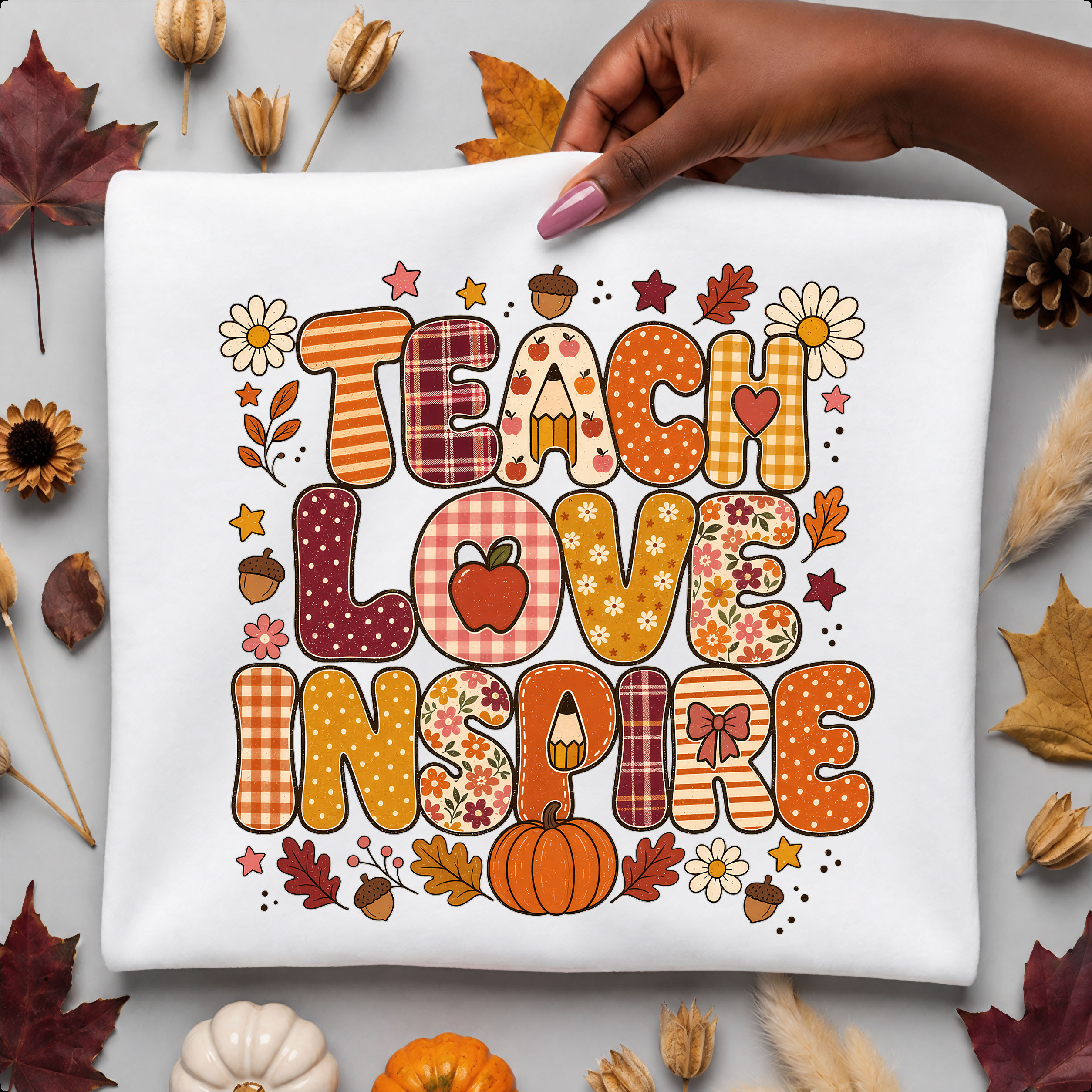 Teacher PNG - Fall Teach Love Inspire Retro Plaid Design