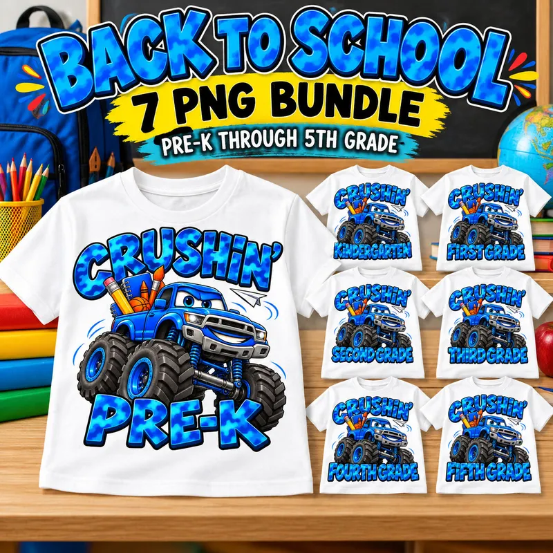 Back to School PNG Bundle | Crushin’ Kindergarten–5th Grade Monster Truck Designs