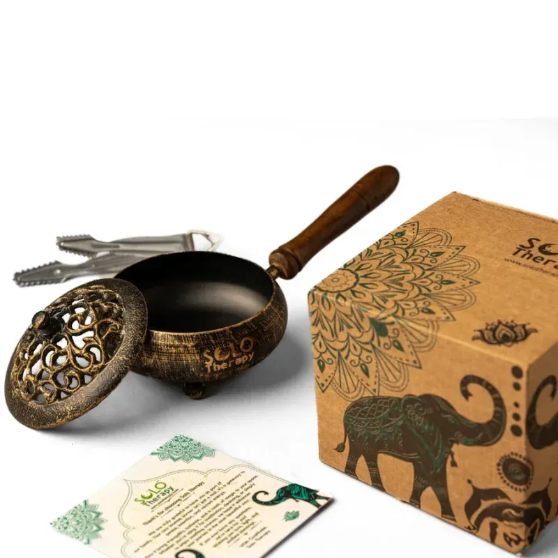 9" Golden Finish Iron Charcoal Burner with Lid & Wood Handle