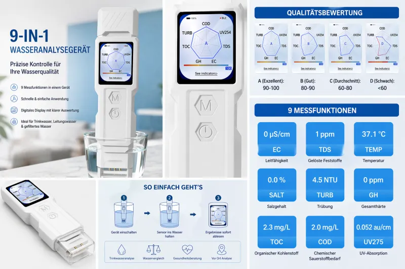 💧 9-in-1 Wasseranalysegerät – Präzise Kontrolle für Ihre Wasserqualität