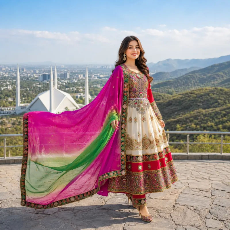 Cream And Magenta Embroidered Dress by Zariya