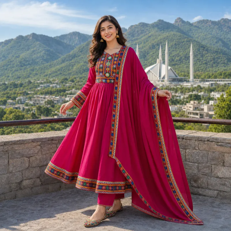 Magenta Traditional Embroidered Suit by Zariya