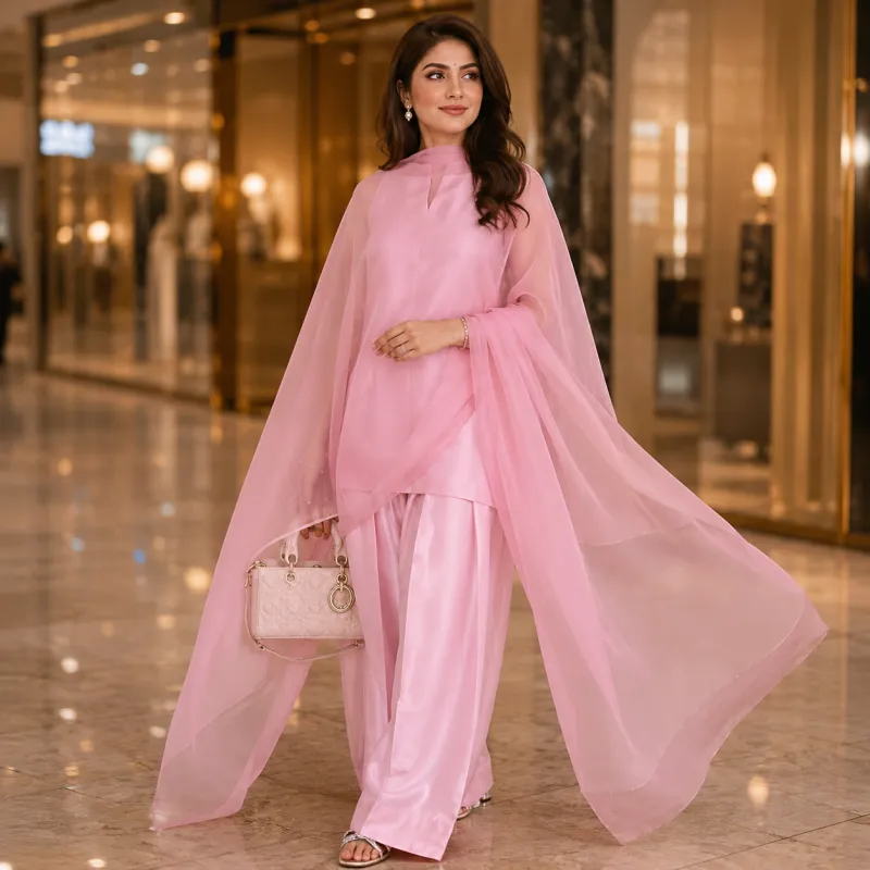 Zariya Pink Luxe Silk Suit With Sheer Dupatta