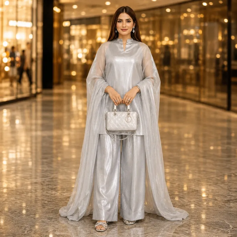 Zariya Silver Luxe Silk Suit With Sheer Dupatta