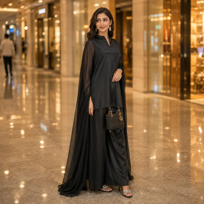 Zariya Black Luxe Silk Suit With Sheer Dupatta
