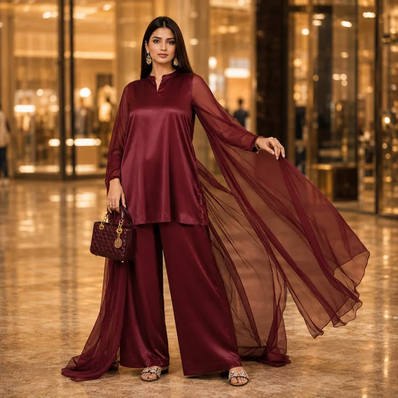Zariya Maroon Luxe Silk Suit With Sheer Dupatta