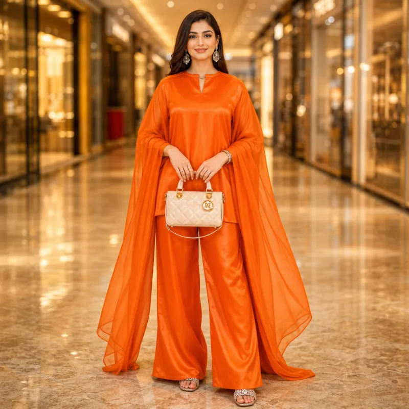 Zariya Orange Luxe Silk Suit With Sheer Dupatta