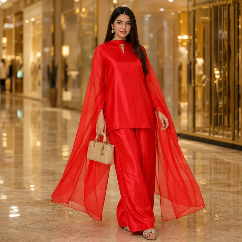 Zariya Red Luxe Silk Suit With Flowing Dupatta