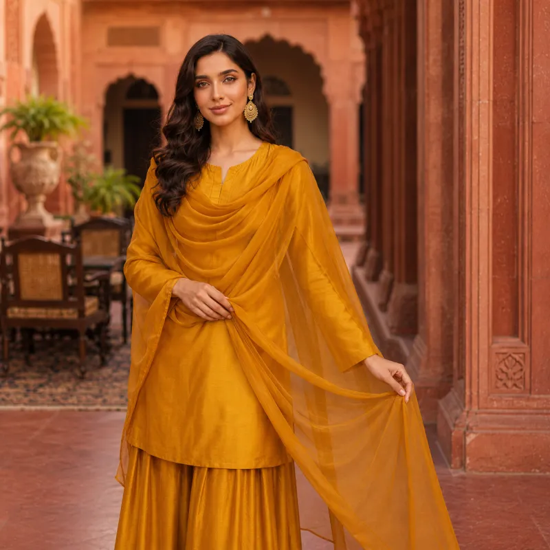 Zariya Mustard Gold Sotton Silk 3 Piece Suit