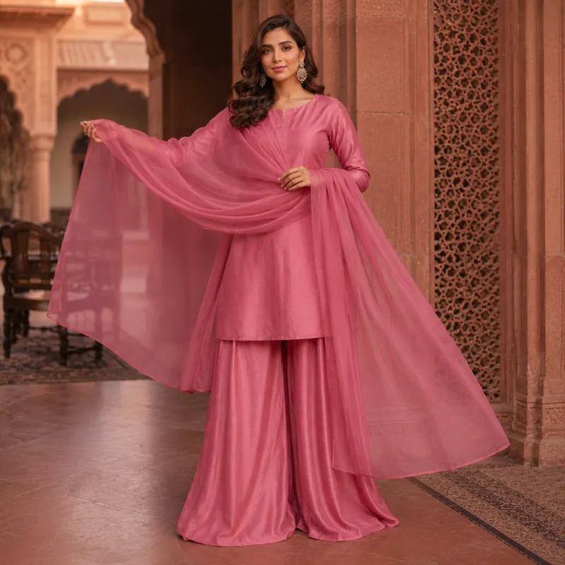 Zariya Rose Pink Sotton Silk 3 Piece Suit