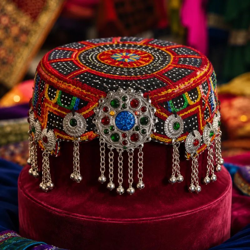 Red Multicolour Tribal Embroidered Cap by Zariya