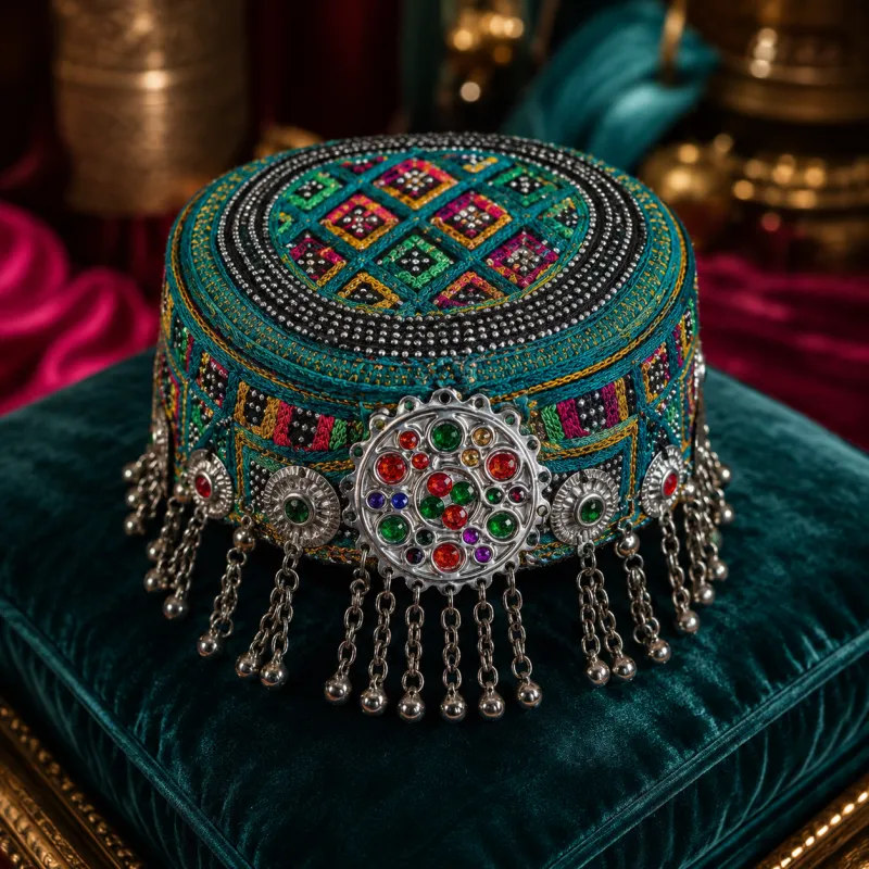 Teal Green Mirror Work Traditional Cap by Zariya