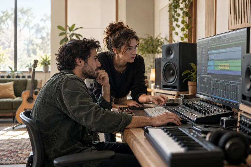 Illustration : apprentissage de la production audio dans un studio contemporain.