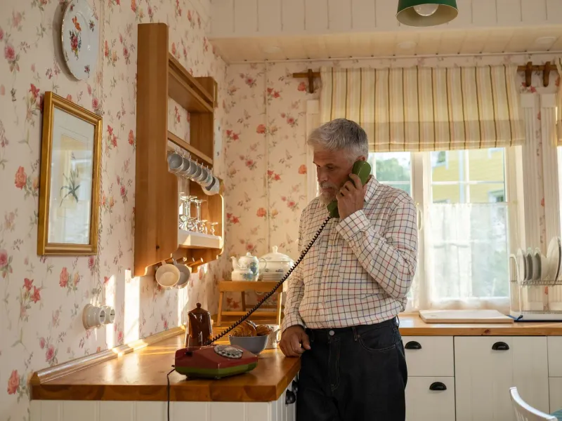 An older man taking a call in his kitchen