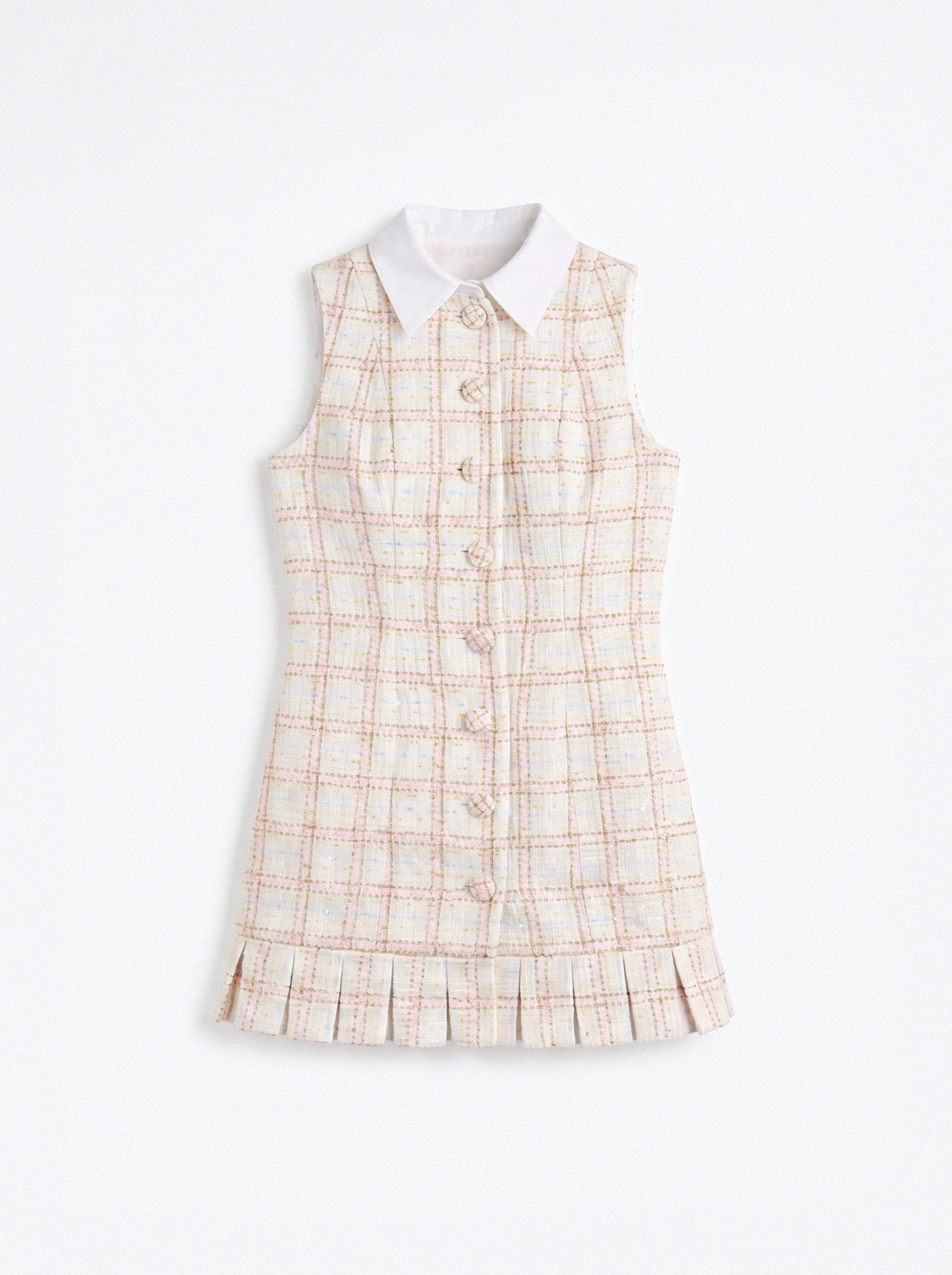 SLEEVELESS TWEED MINI DRESS WITH PLEATED HEM
