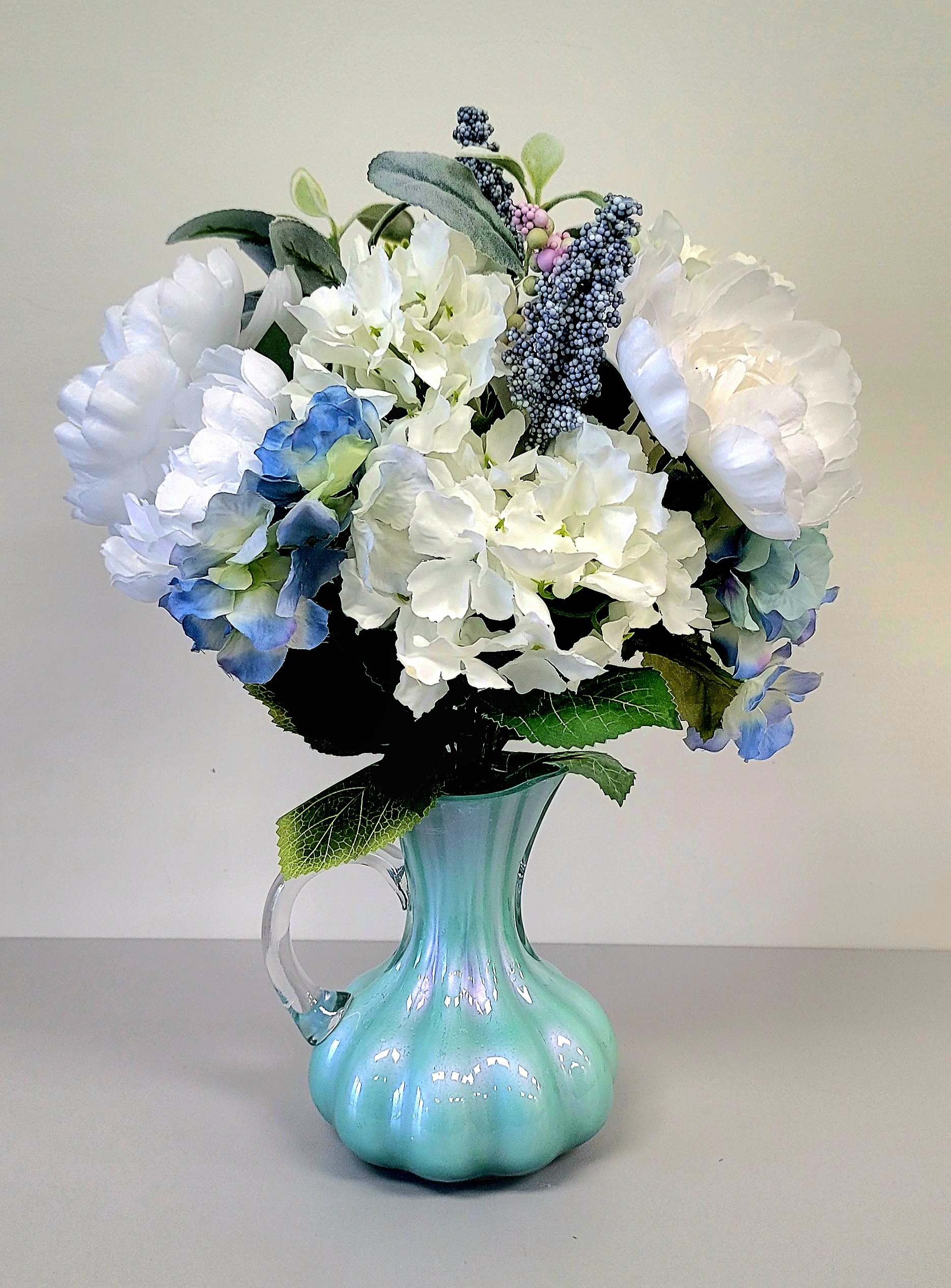 Large Small Hand-Painted Glass Vase Faux Floral Arrangement