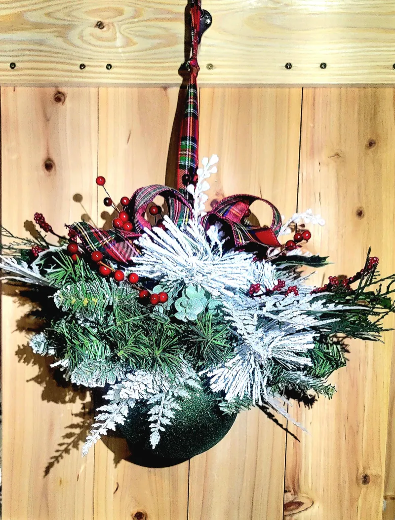 Classic Plaid & Frosted Greenery Winter Kissing Ball