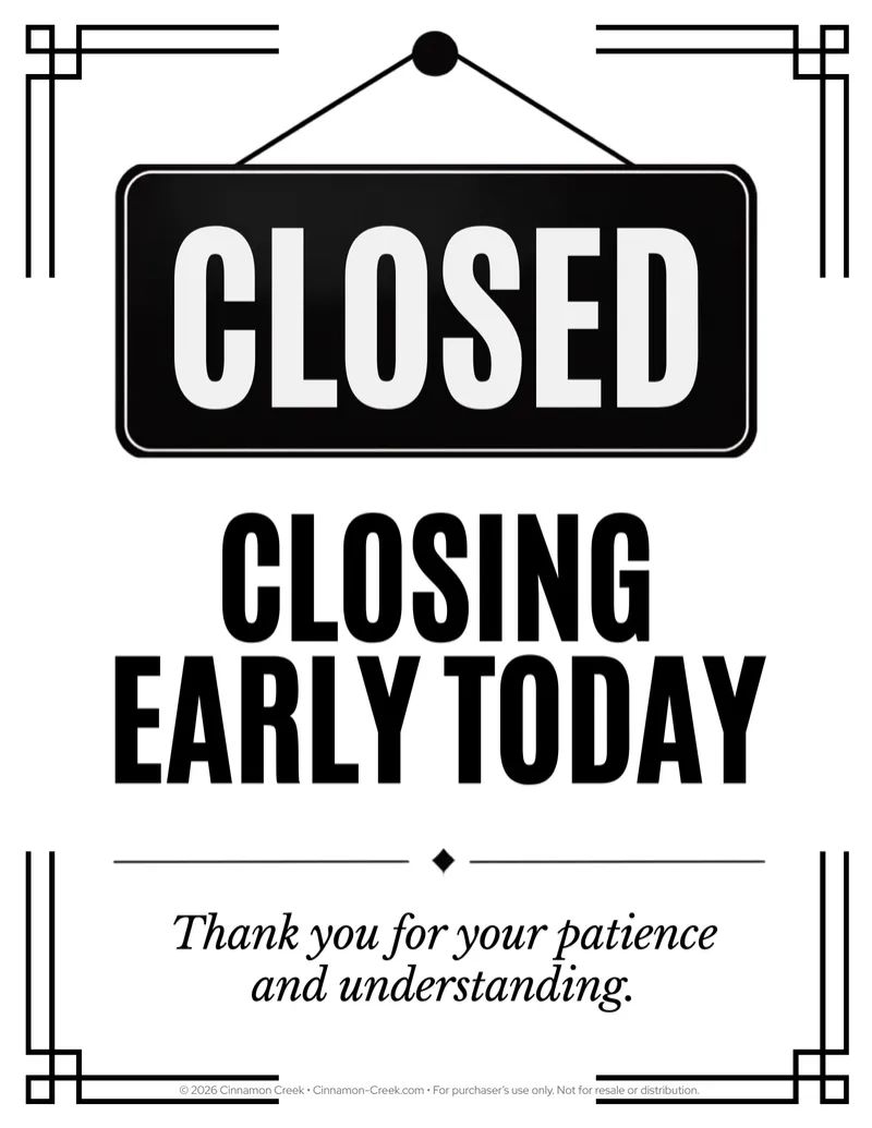 Closing Early Sign | Printable Business Closure Notice