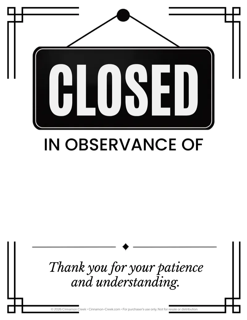 In Observance Of Closed Sign | Printable Business Closure Notice