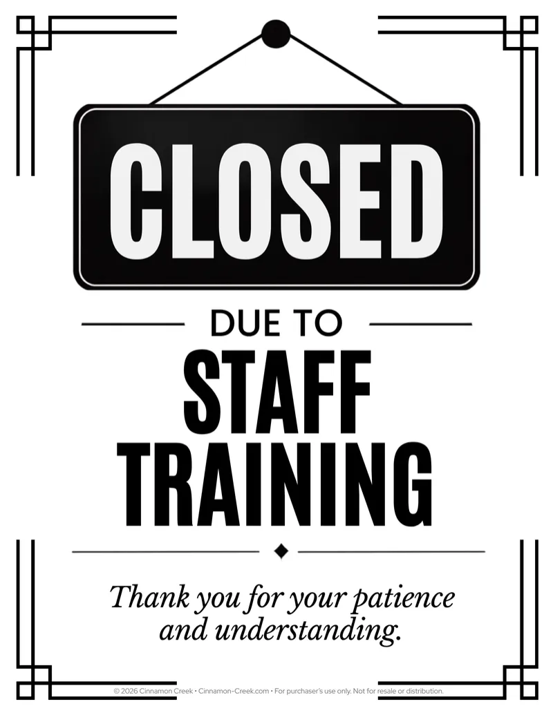 Staff Training Closed Sign | Printable Business Closure Notice