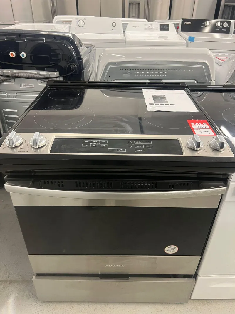 Amana YAES6603SFS 30" Slide-In Electric Stove – Self-Clean, Glass Cooktop, Black Stainless
