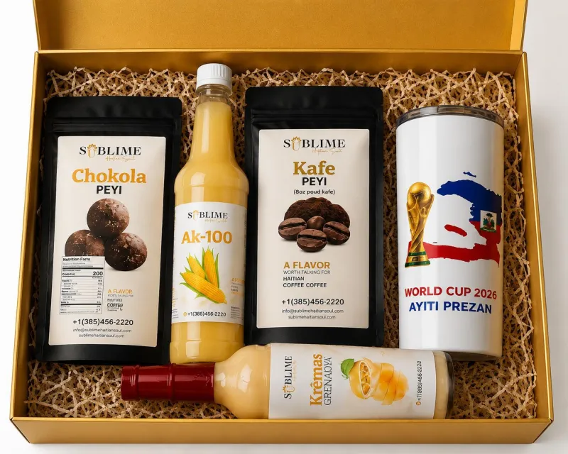 Kit Grenadye Alaso (1 Akasan, 4 Boul Chokola, 1 Sachè Poud Kafe, 1 Mini Kremas 5 Oz, 1 Tumbler Haiti World Cup 2026)