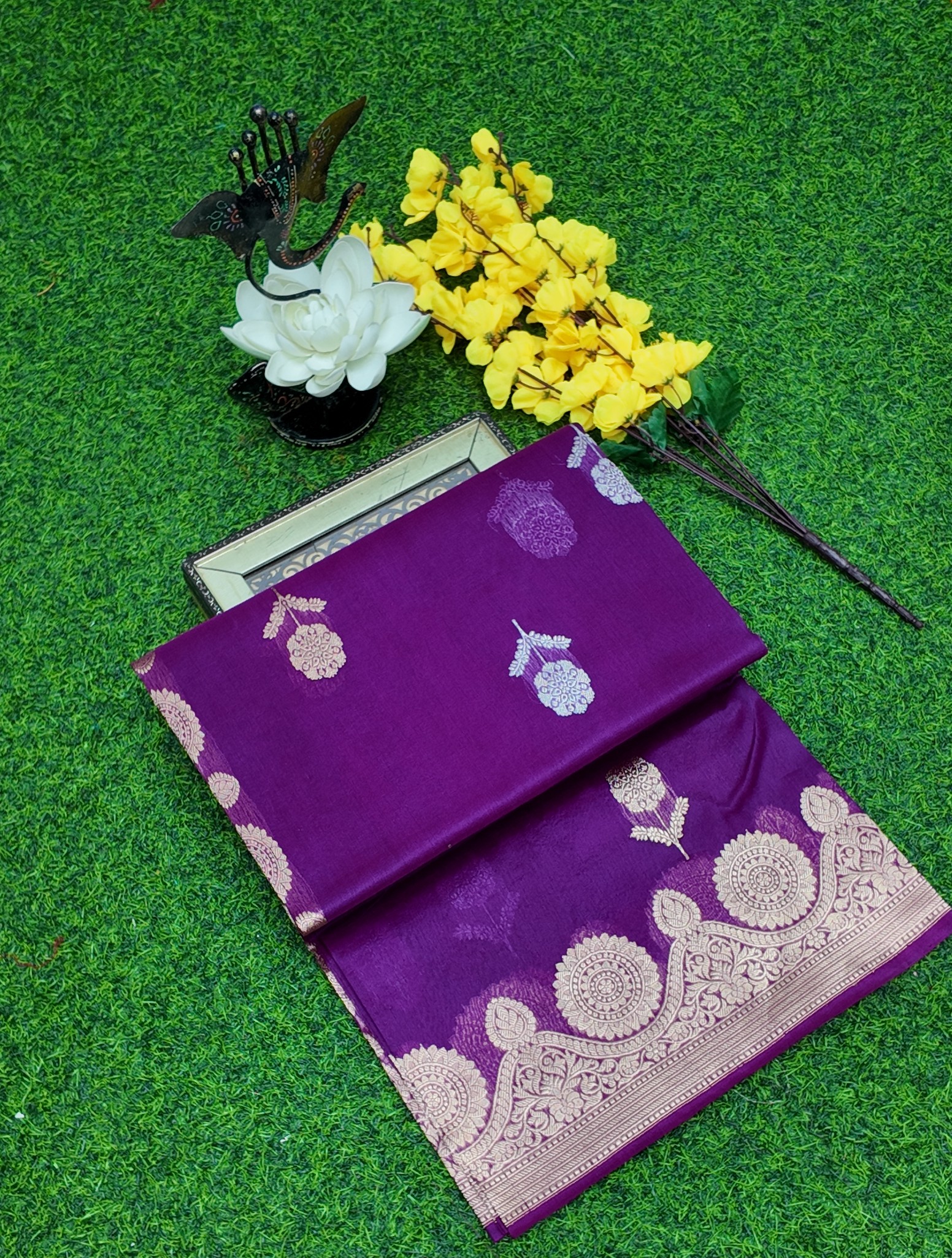 Pure Kora Silk Saree in Mustard Yellow with Magenta Zari Border