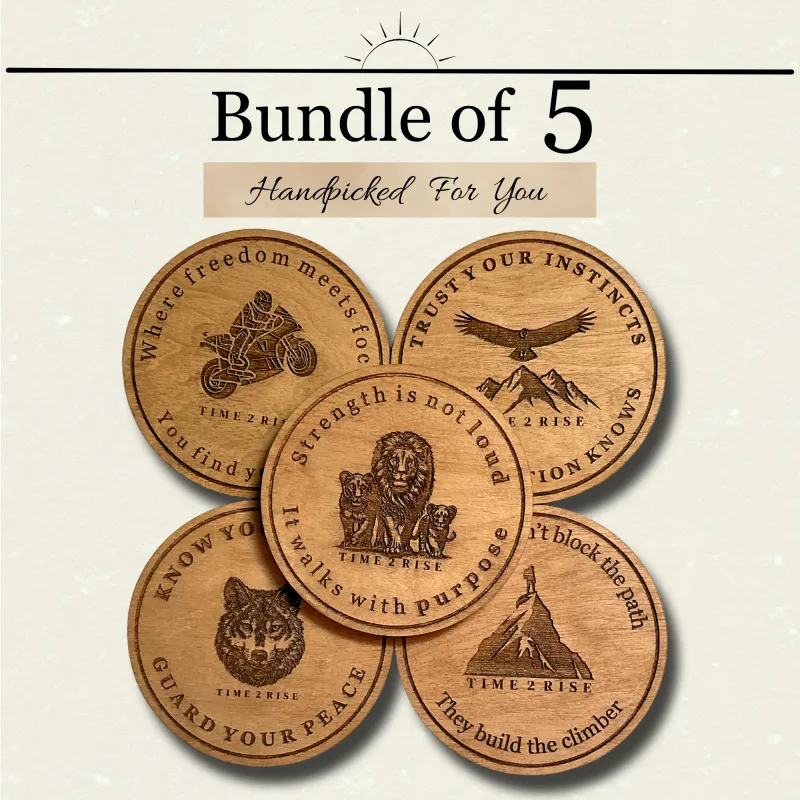 Time 2 Rise Circle Coasters - Motivational Wood Coasters (Set of 5)