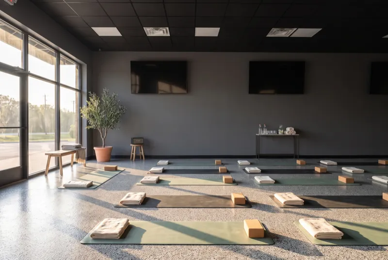 Open event room set up as a fitness studio with exercise mats on the floor