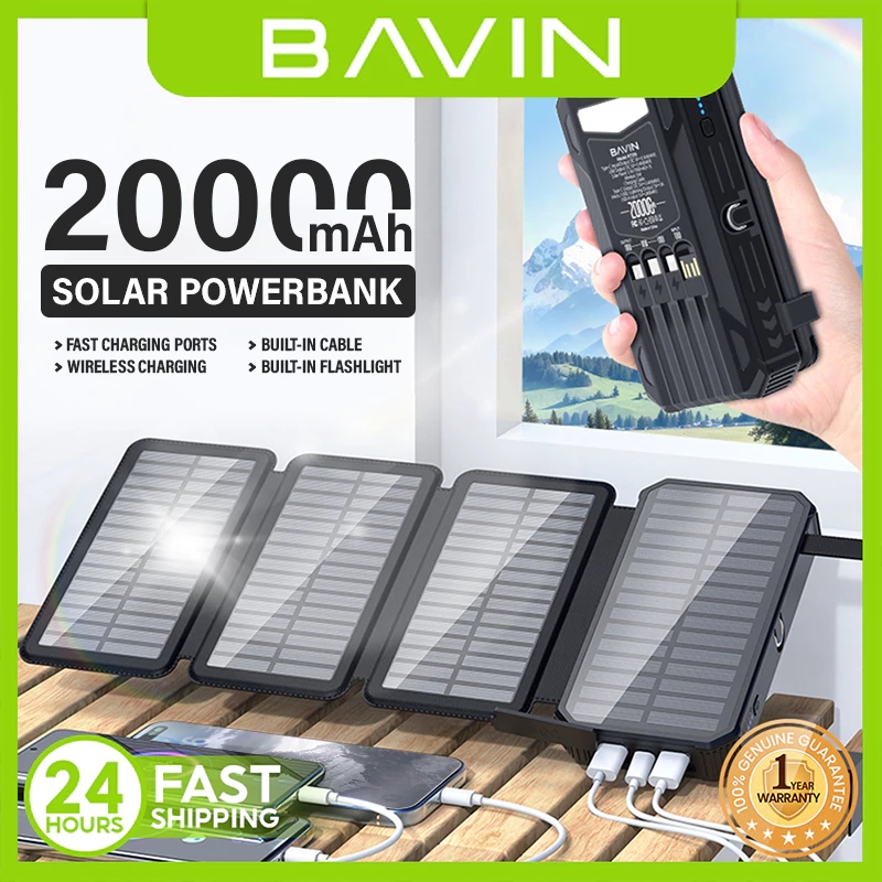BAVIN PC1119 20000mAh Solar Charging Powerbank Built-In Cable Wireless Charging w/ Waterproof
