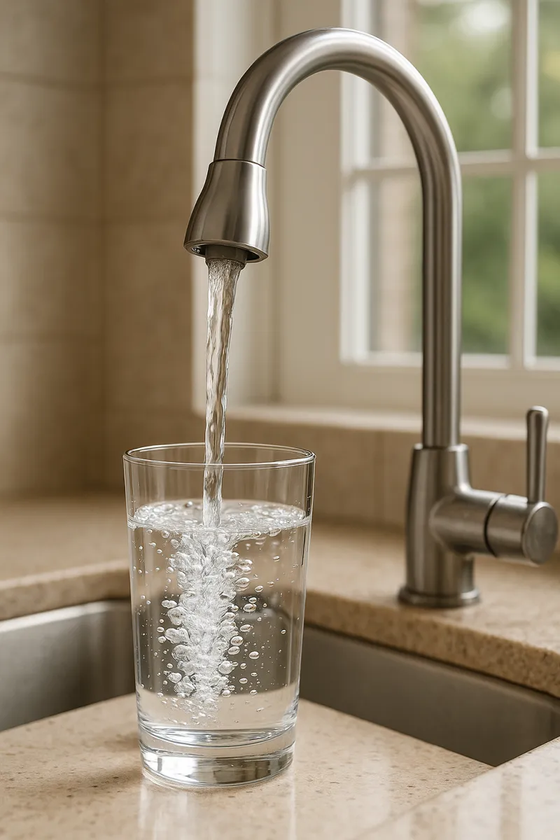 Filtered water pouring from a kitchen tap into a glass