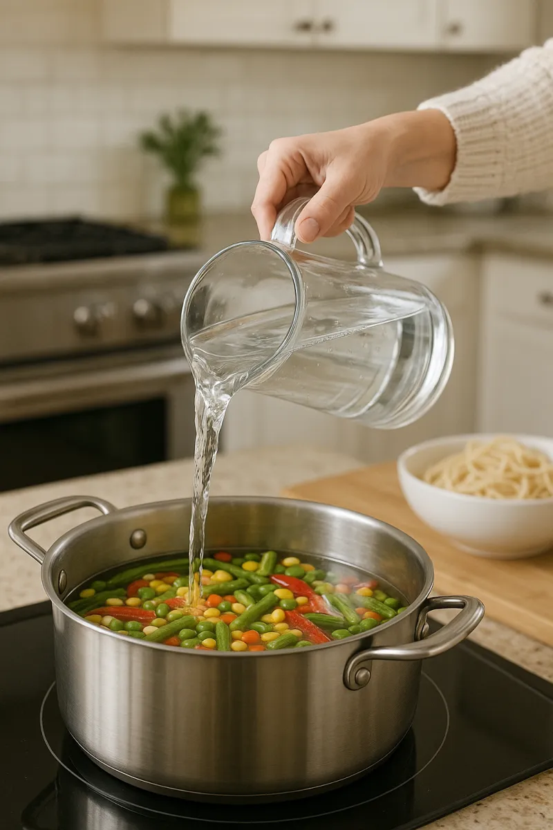 Filtered water being poured into a pot while cooking