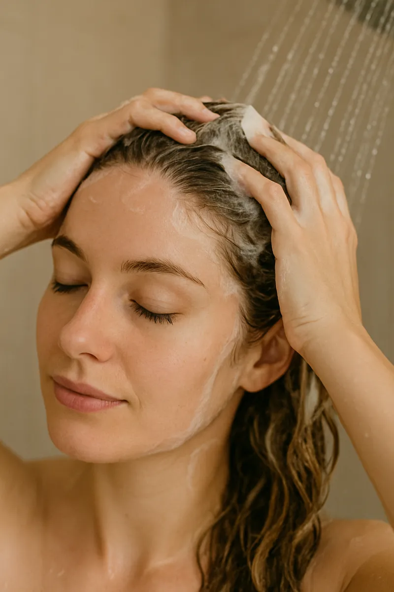 Woman washing her hair under a shower