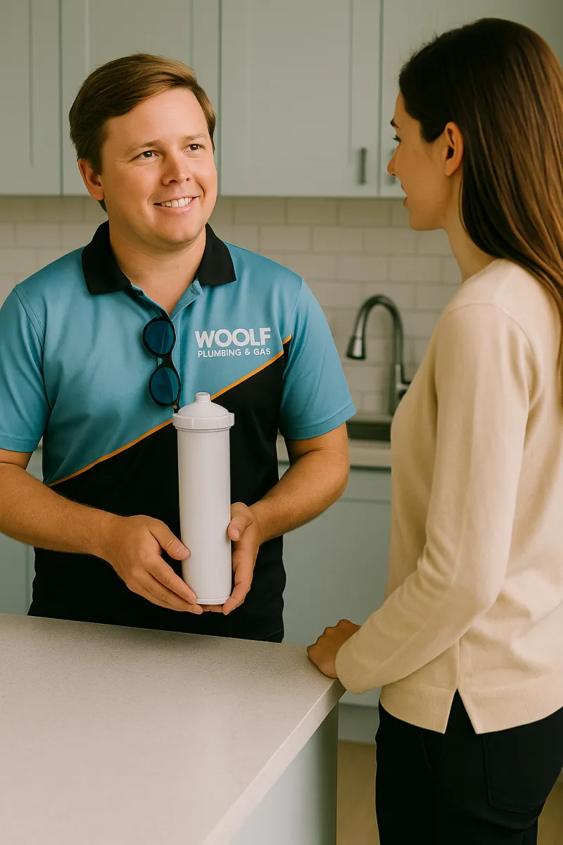 Woolf Plumbing technician talking a customer through a filter cartridge
