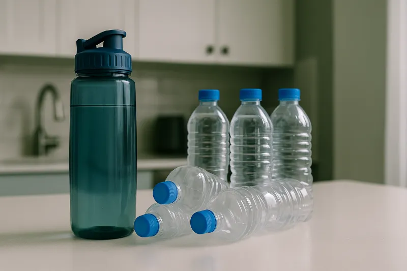 Reusable bottle beside discarded single-use plastic water bottles