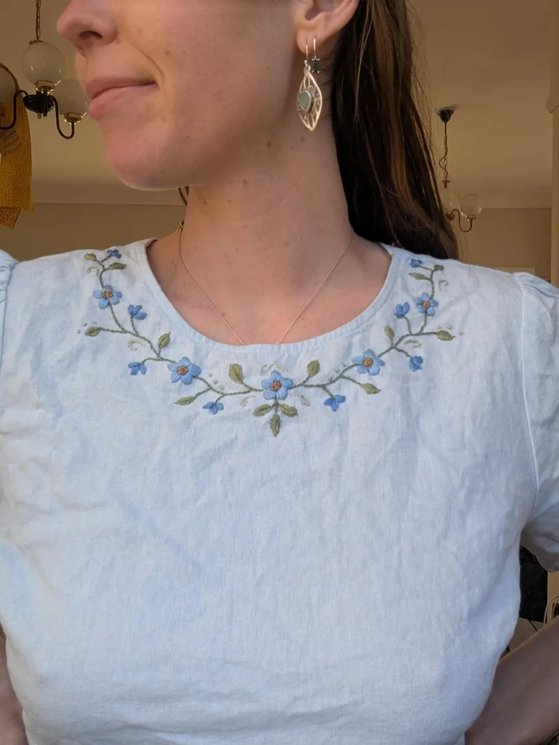 Hand Embroidered Folk Flower forget me not top