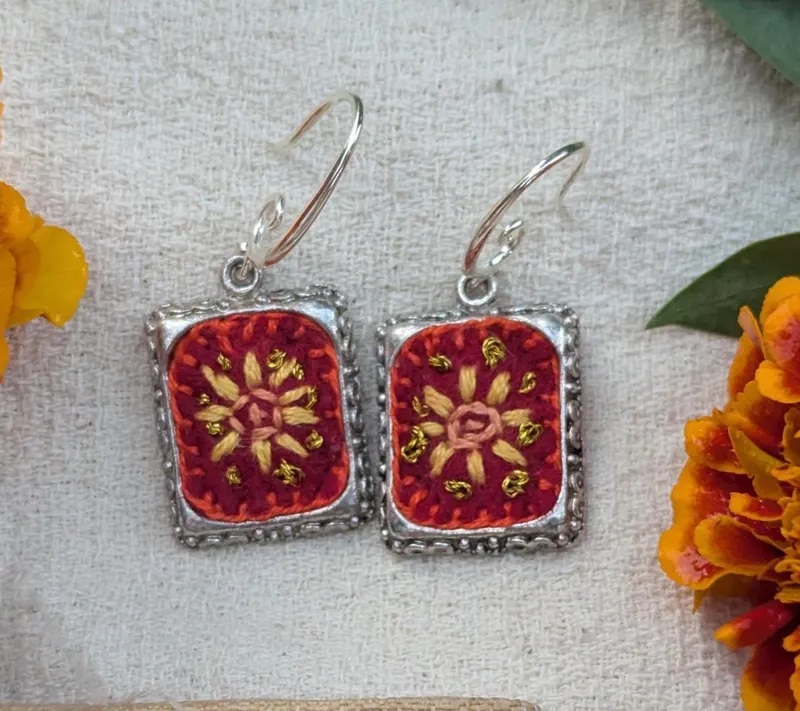 Framed Rectangle Floral Earrings, Design 3