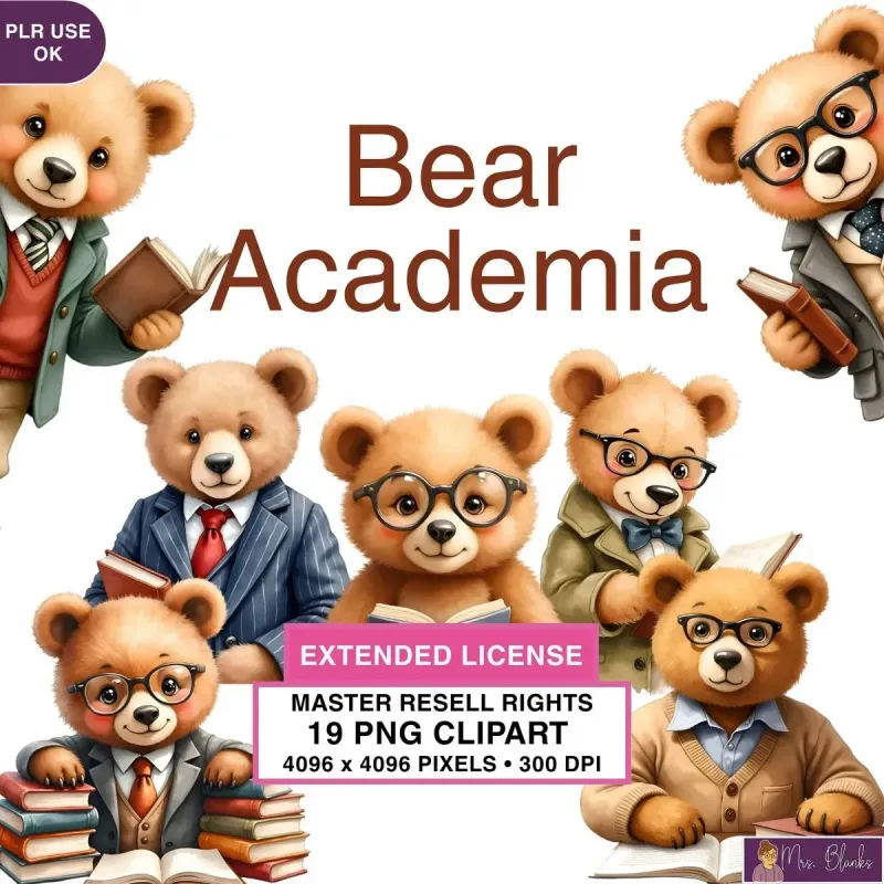Scholarly Bear Characters Clipart PNG - Extended License