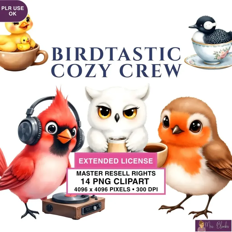 Cozy Cute Bird Characters Clipart PNG - Extended License
