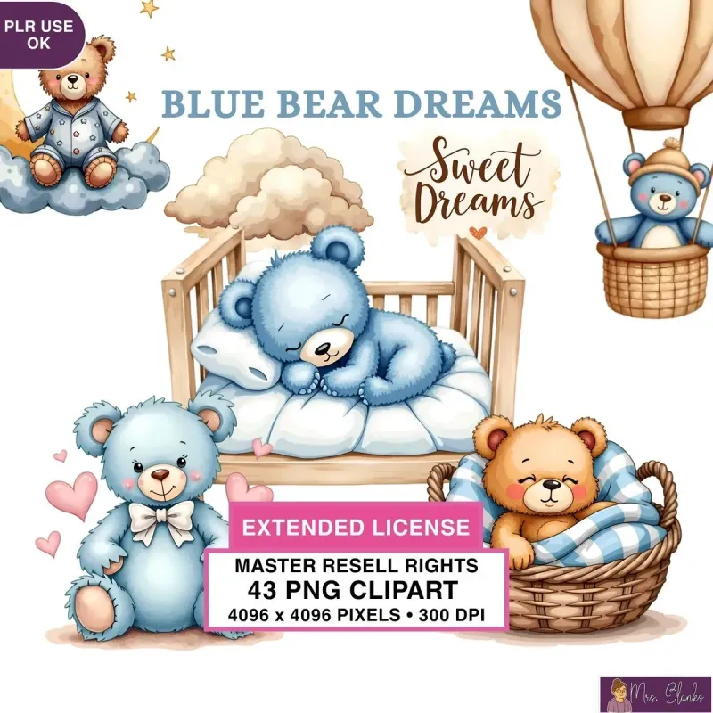 Sleepy Blue Bear Nursery Clipart PNG - Extended License
