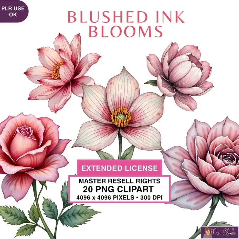 Blush Ink Floral Clipart PNG - Extended License