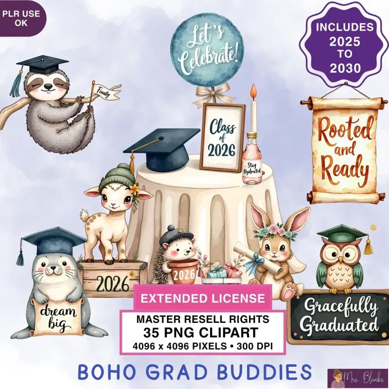 Boho Graduation Animals Clipart PNG - Extended License