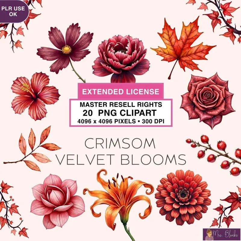 Floral Red Blooms Clipart PNG - Extended License