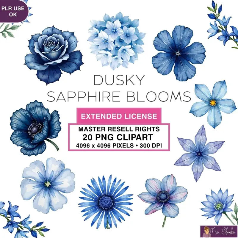 Blue Floral Clipart PNG - Extended License