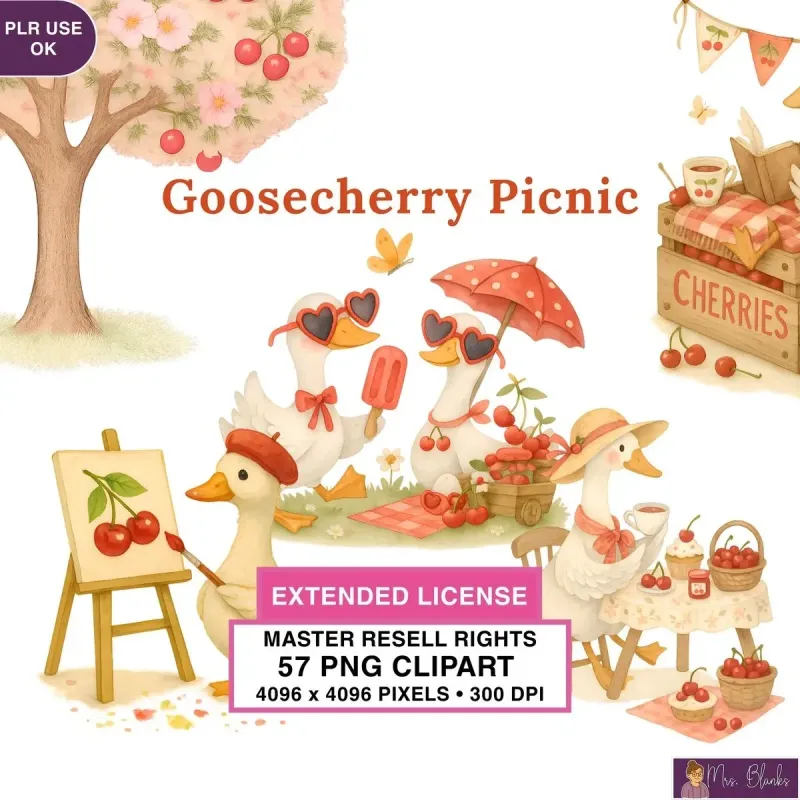 Cherry Picnic Duck Clipart PNG - Extended License