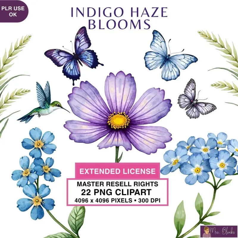 Indigo Floral Clipart PNG - Extended License