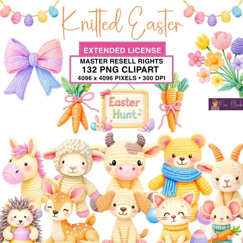 Cozy Knitted Easter Animal Clipart PNG - Extended License