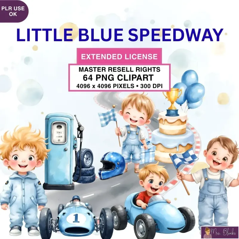 Cute Blue Race Car Kids Clipart PNG - Extended License