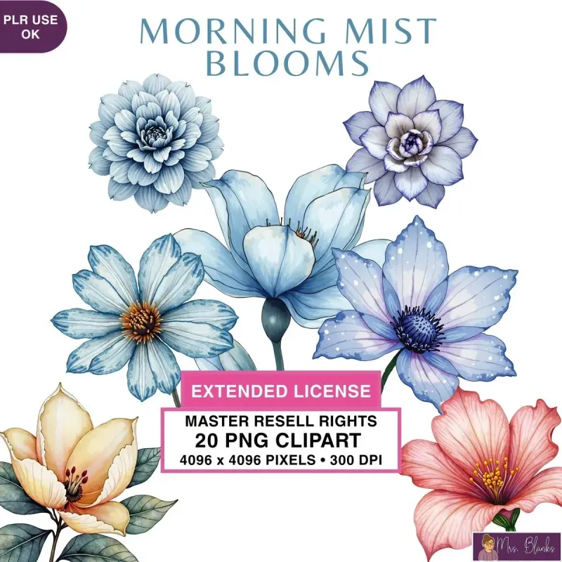 Soft Blue Floral Clipart PNG - Extended License