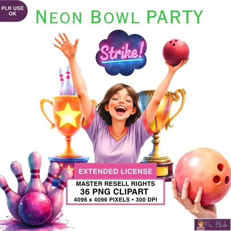 Neon Bowling Party Clipart PNG - Extended License